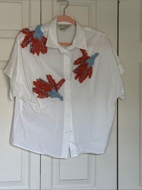 DRYDEN KARDON White Button-Front Top with Orange & Blue Beaded Accents